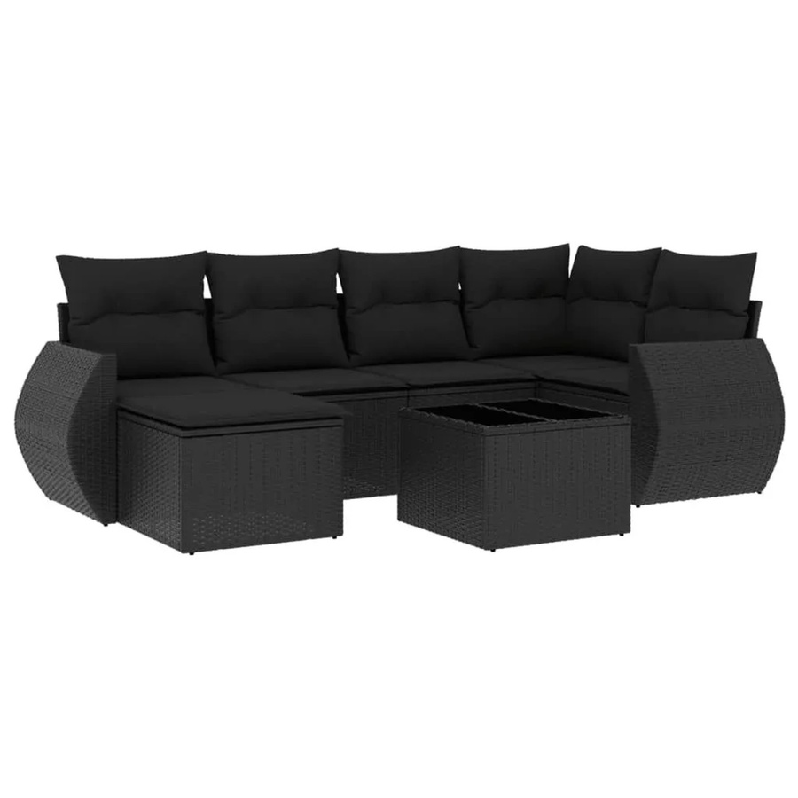 vidaXL 7-tlg Garten-Sofagarnitur aus Polyrattan in Schwarz mit Kissen und Glastisch - Bild 2