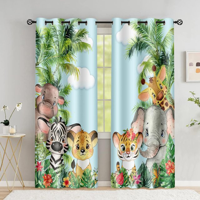 2er-Set Safari Tiere Fenster Vorhänge mit Dschungel Wald Print von A Family Of Home Textiles, Blau, B: 60 cm, H: 150 cm - Bild 1