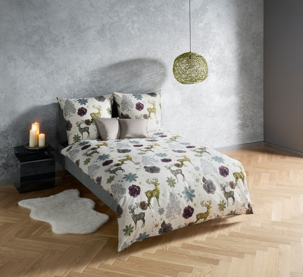 Fleuresse Mako-Satin Bettwäsche mit Hirsch und Bäumen in Grau, Silber und Bunt, B/H: 200 x 200 cm mit Kissenbezug 80 x 80 cm - Bild 1