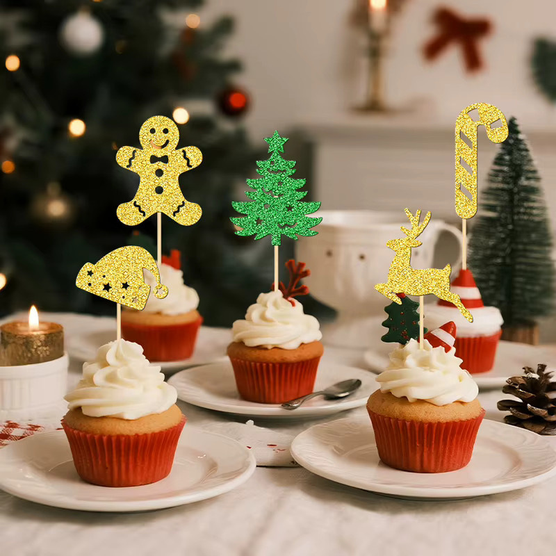YOMDID 25 Stück Weihnachts-Cupcake-Topper aus Bambus in Gold, Grün und Multicolour mit Weihnachtsbaum, Weihnachtsmütze, Zuckerstange und Hirsch zur Kuchendekoration - Bild 3