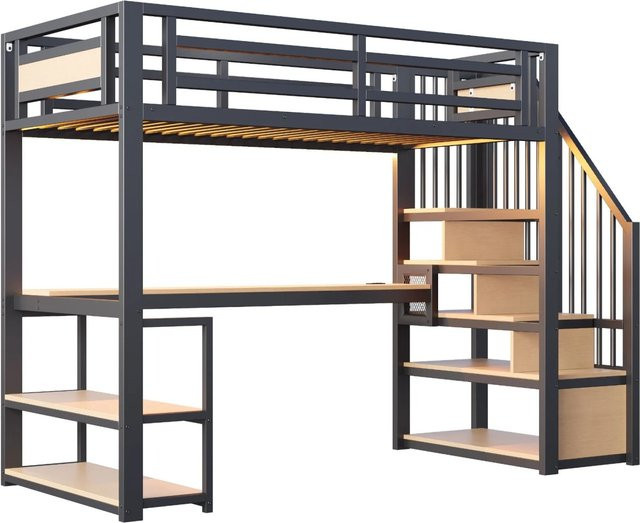 Merax Hochbett für Kinder in Schwarz mit LED-Beleuchtung, USB-Ladeport und integriertem Tisch, B/T/H: 255 x 90 x 200 cm - Bild 1