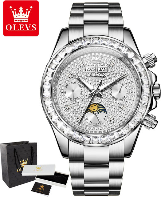 OLEVS Armbanduhr, Automatik, Gold, Edelstahl, Diamant, Mondphase, Herren - Bild 1