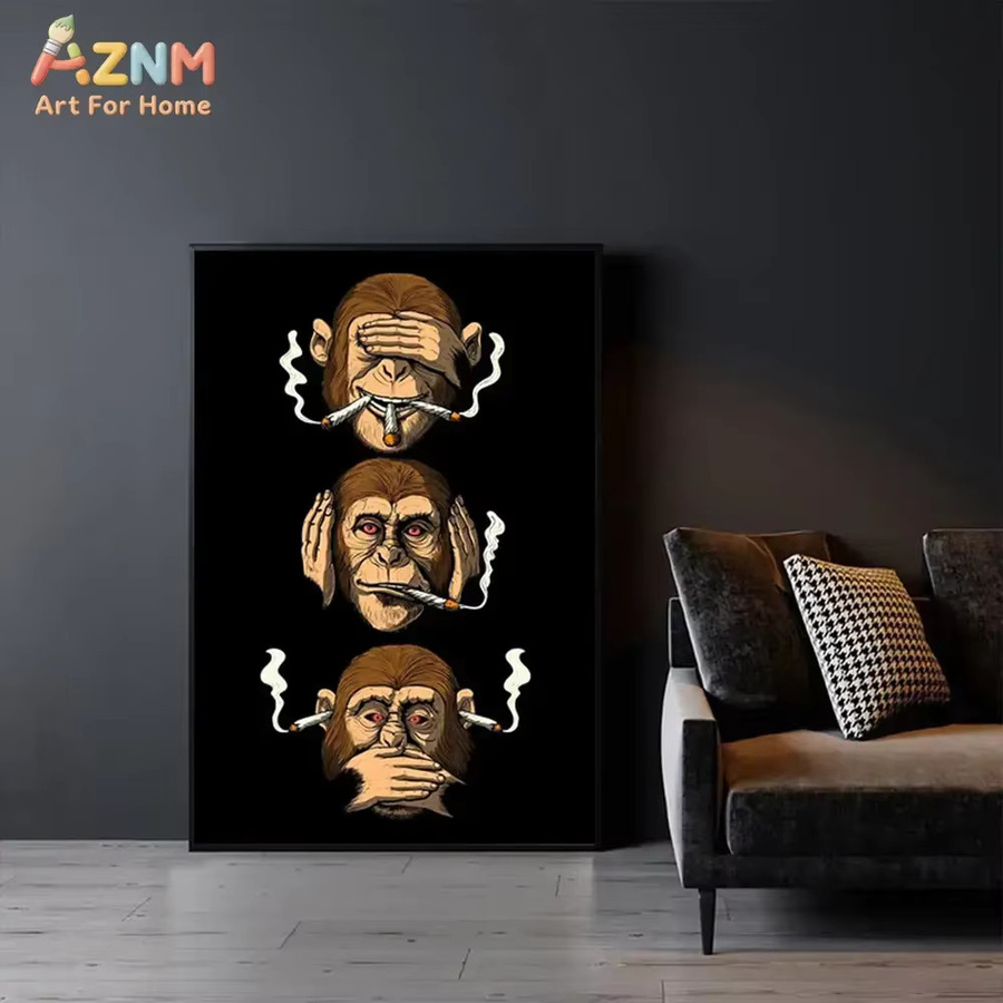 AZNM Wandkunst Leinwand Drei weise rauchende Affen Motiv mit Tierdruck in Mehrfarbig für dein Wohnzimmer und Schlafzimmer - Bild 3