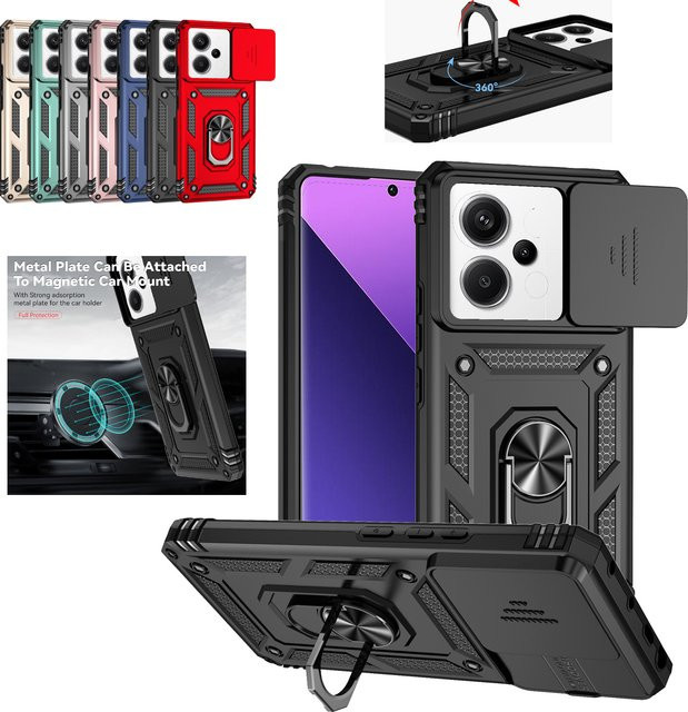 Stoßfeste Xiaomi Panzerhülle für Redmi Note Serie mit Metallring-Halter, Schiebe-Objektivschutz und Ständer in Schwarz - Bild 1