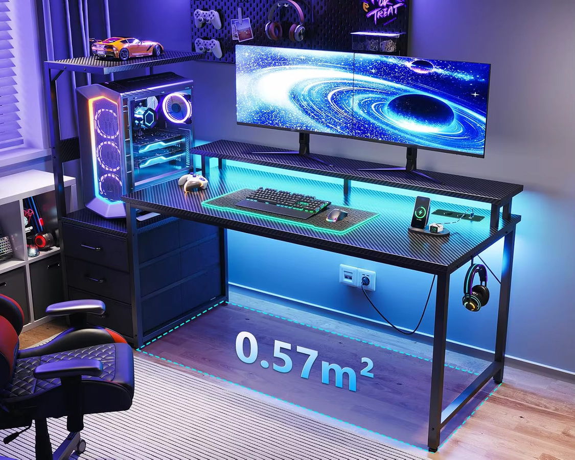 Coleshome Gaming Schreibtisch mit LED-Beleuchtung und Steckdose, Carbon Fiber Schwarz, Breite: 151 cm, Tiefe: 50 cm - Bild 3