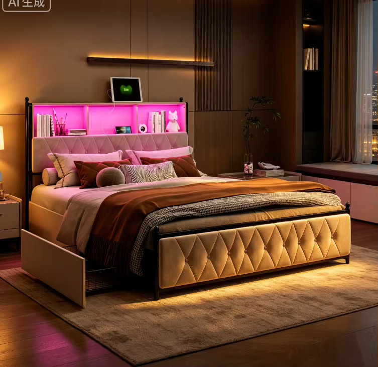 Rosahqnda Polsterbett in Beige mit Stauraum und 4 Schubladen, Doppelbett mit LED-Beleuchtung und USB-Anschluss, B/T: 180 x 200 cm - Bild 3