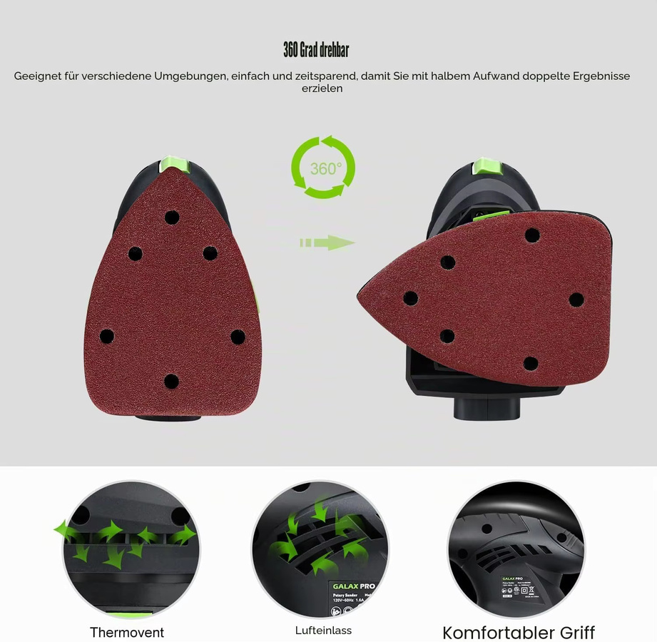 GALAX PRO Elektrischer Detail-Schleifer 200W mit 12000 OPM und Staubabsaugung in Grün-Schwarz inklusive 10 Stück Schleifpapier - Bild 3