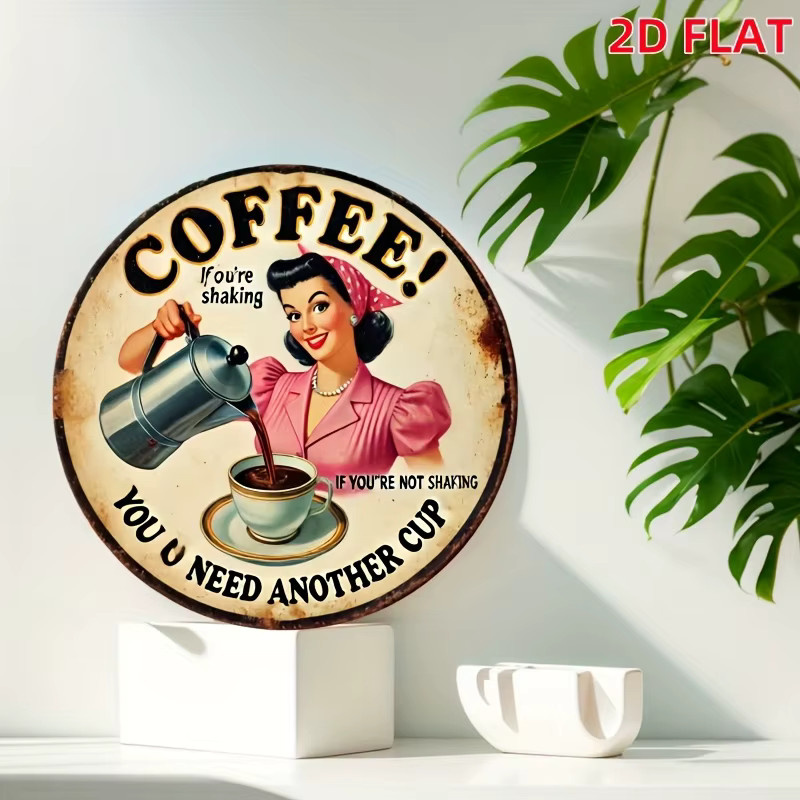 Potdemiel 2D Flat Wandkunst aus Metall im Vintage-Kaffee-Stil, rundes Retro-Dekor mit Barista-Design, Mehrfarbig, Durchmesser: 20 cm - Bild 2