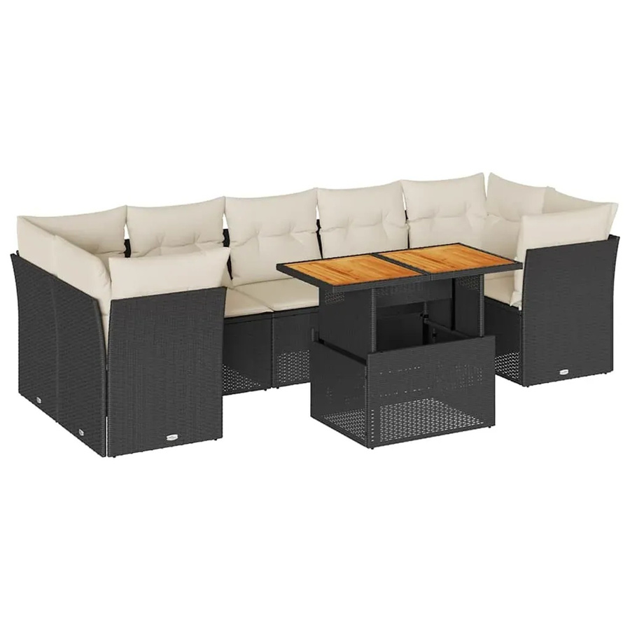 vidaXL 8-teilige Garten-Sofagarnitur in L-Form aus Polyrattan und Akazienholz mit Kissen in Schwarz-Creme - Bild 2