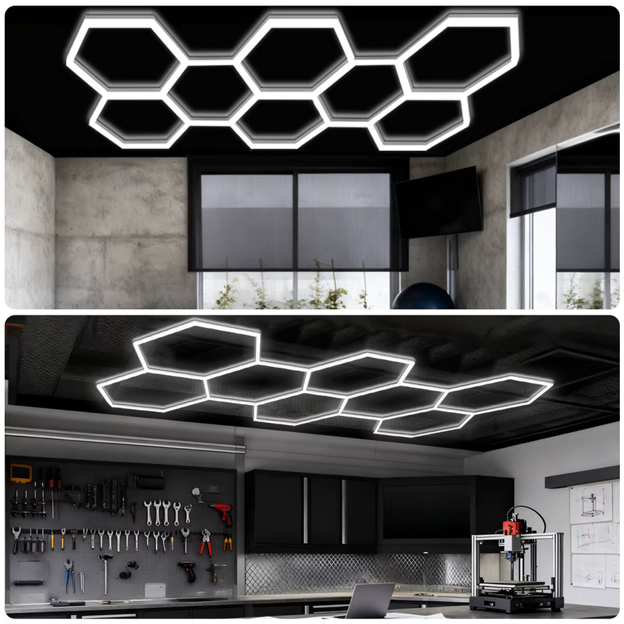 Mexllex Sechseckige LED-Garagenleuchte in Weiß, superhelle Plug-in-Deckenleuchte für Werkstatt, Fitnessstudio und Autopflege, DIY-verknüpfbar und modern - Bild 5