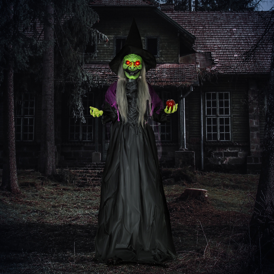 HOMCOM Halloween-Hexe mit Giftapfel als lebensgroße Dekofigur in Höhe: 180 cm, mit LED-Lichtern und Soundfunktion, Farben: Schwarz, Lila, Multicolour - Bild 2