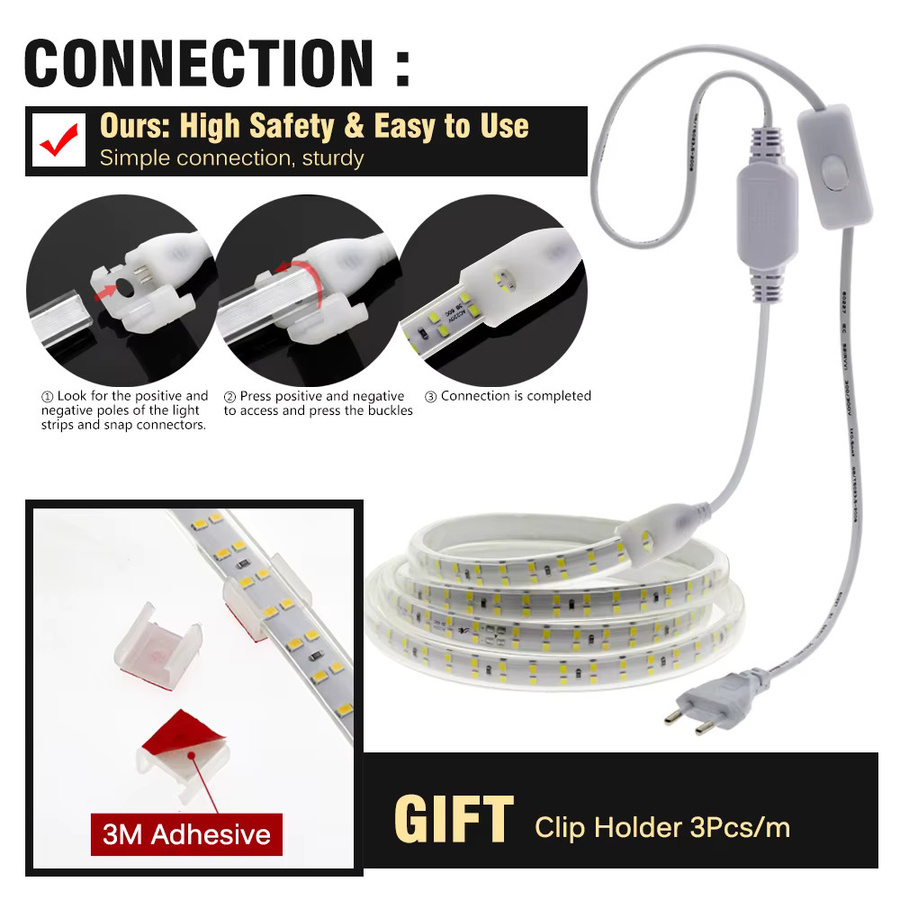 TRANYTON LED-Streifen wasserdicht mit EU-Stecker, zweireihig SMD2835, 180 LEDs/m, 220 V, CCT-Farbtemperatur wählbar - Bild 6