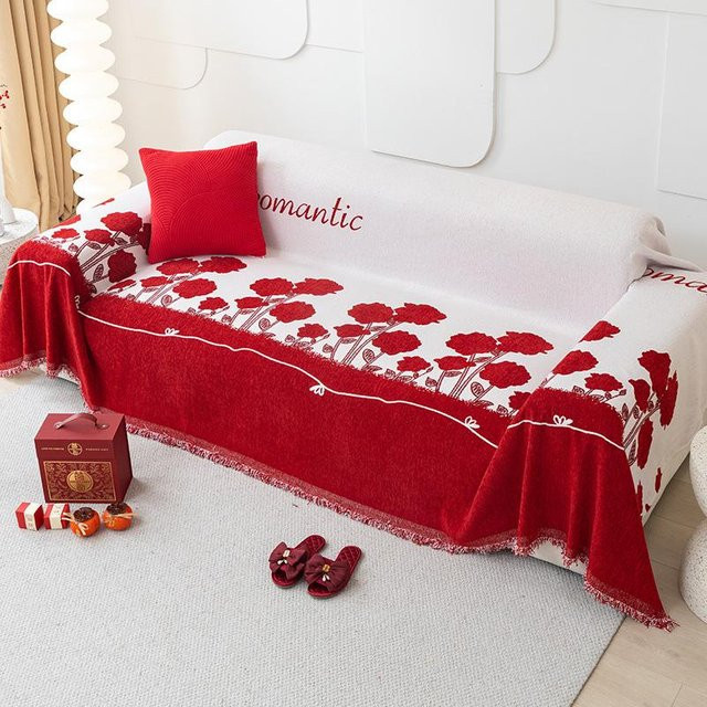 Universal Sofabezug aus Chenille in Rot mit floralem Muster, B/T: 180 x 130 cm - Bild 1