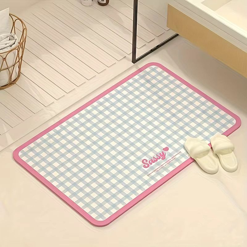 VIKAMA Wasserabsorbierende und rutschfeste Badezimmerfußmatte im Karo-Design, Weiß - Bild 1