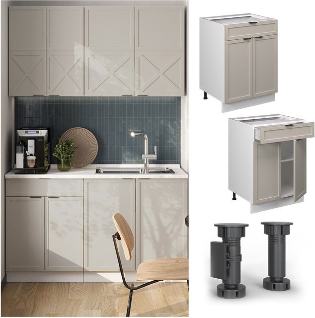 Vicco Schubunterschrank Fame-Line in Weiß und Grau-Beige mit Arbeitsplatte in Eiche, Breite: 60 cm, Höhe: 215,9 cm, Tiefe: 215,9 cm - Bild 1