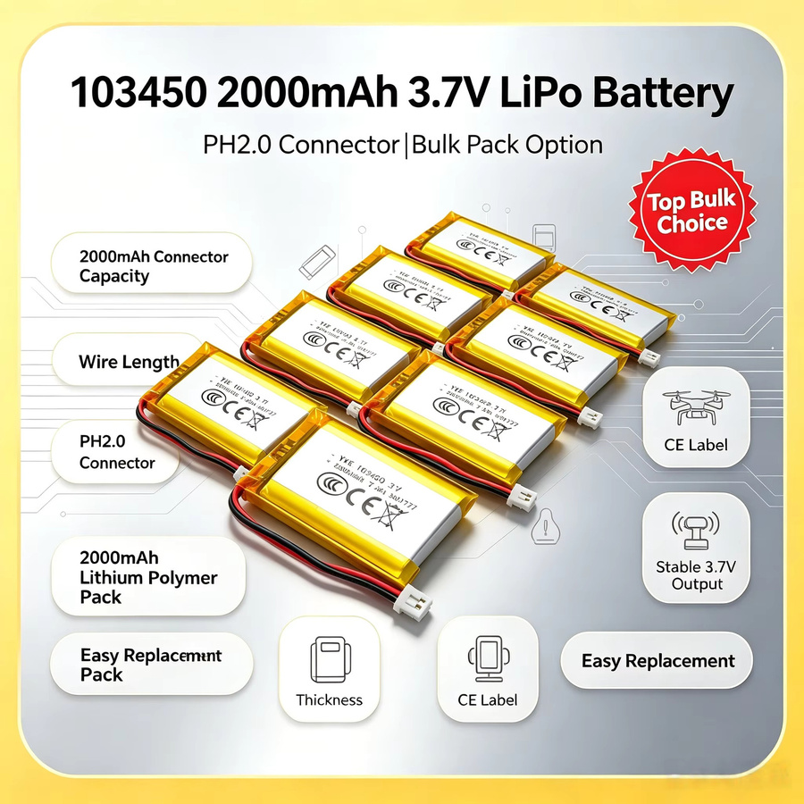 NDNNAS Polymer-Lithium-Akku 103450 mit 2000mAh und JST PH2.0 Stecker, gelb, 3,7V für Kamera, GPS-Navigator und MP5-Headset - Bild 1