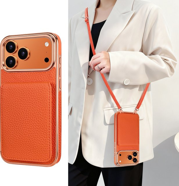VIETAO Kunstleder-Handyhülle für iPhone 13 bis iPhone 17 Pro Max mit Umhängeband, Kartenhalter und Ständer in Orange - Bild 1