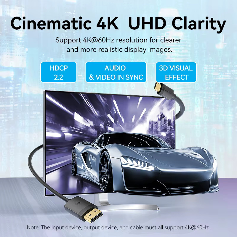 Vention USB C auf DisplayPort Kabel in Schwarz für 8K/60Hz und 4K Auflösung zur Verbindung von Laptop, Tablet oder PC mit Monitor - Bild 2