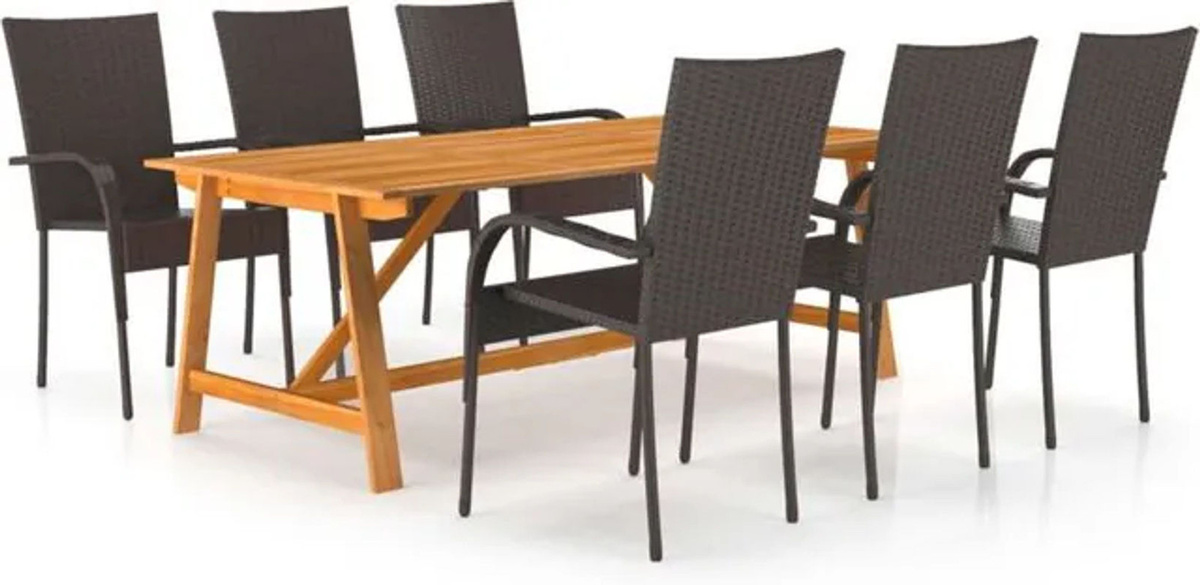VIDAXL 7-teilige Garten-Essgruppe in Braun aus Massivholz und Rattan im modernen Design - Bild 1