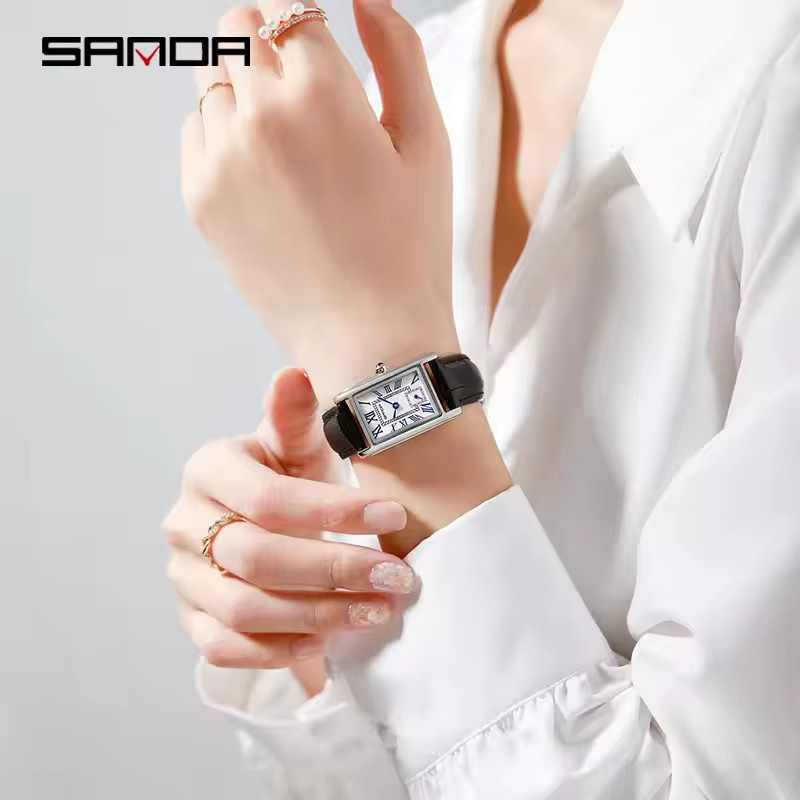 SANDA Armbanduhr Quarz, Edelstahl, Lederarmband, rechteckig, Damen - Bild 3