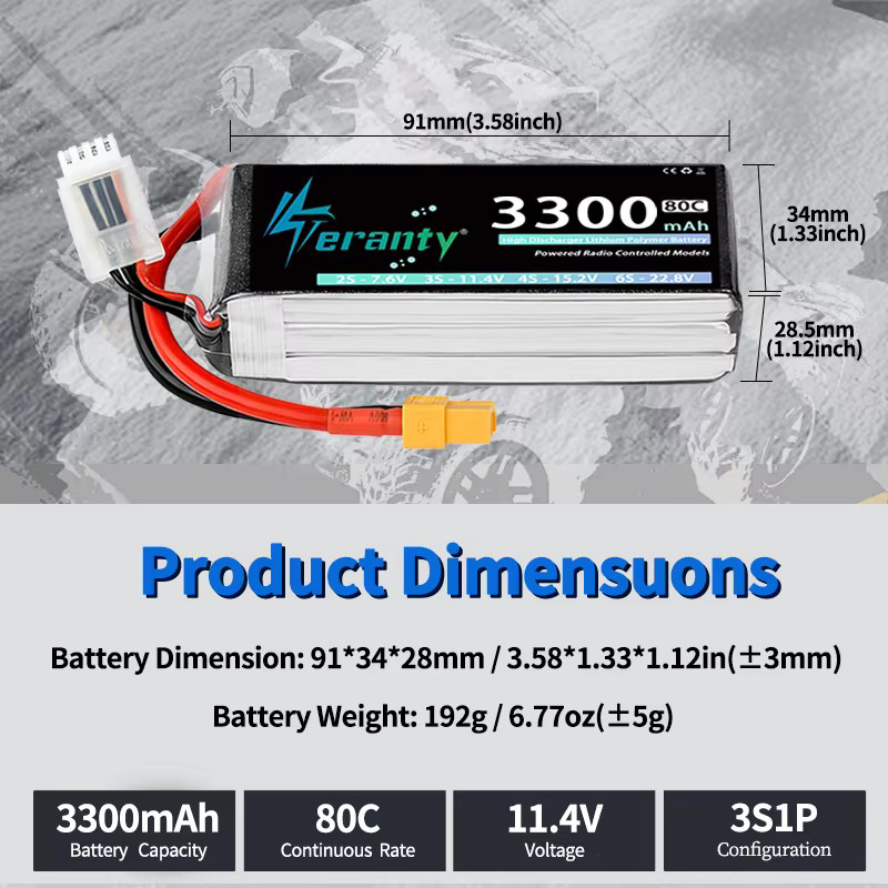 2 Stück TERANTY Lipo-Akku 3S 11,1V 11,4V 3300mAh mit XT60 Anschluss in Schwarz für FPV Drohnen, Helikopter und Flugzeuge - Bild 3