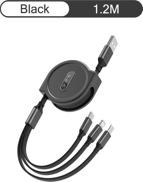 Y.Better 3 in 1 ausziehbares USB-Schnellladekabel mit Micro-USB, USB-C und Lightning Anschlüssen in Schwarz - Bild 1