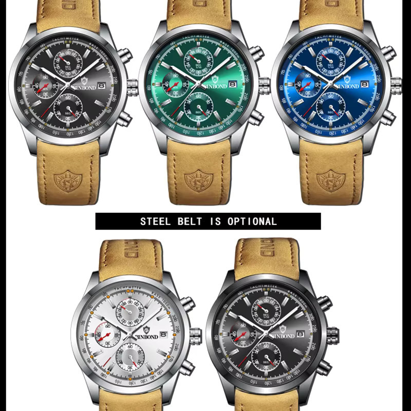 BINBOND Chronograph Armbanduhr, Quarz, Leder, Schwarz, Herren - Bild 4