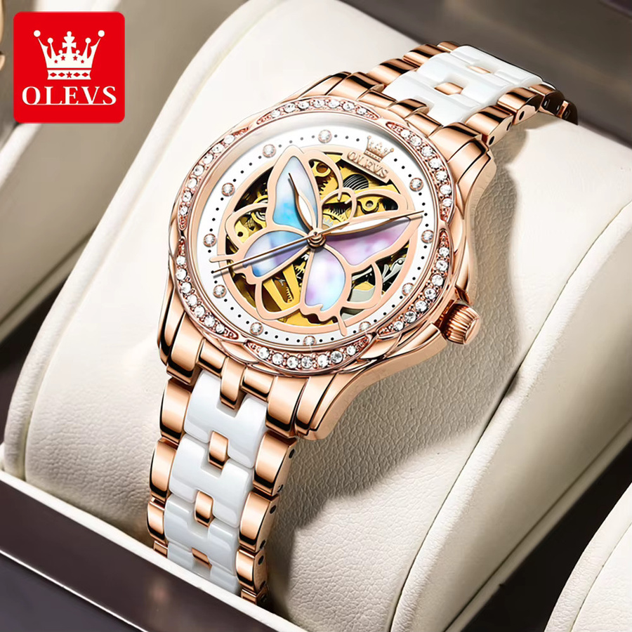 OLEVS Armbanduhr Automatik, Roségold, Diamant, Leder, Damen - Bild 2