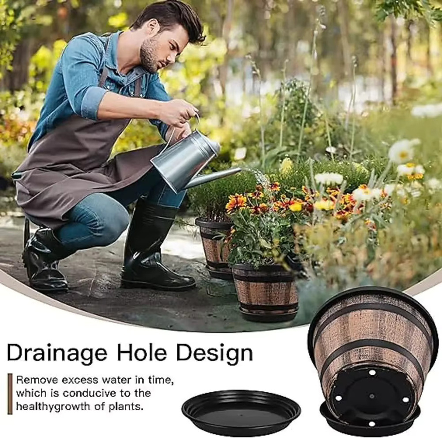 Braunes Kunststoff-Pflanzgefäß in Weinfass-Optik für Garten und Innenbereich - Bild 5