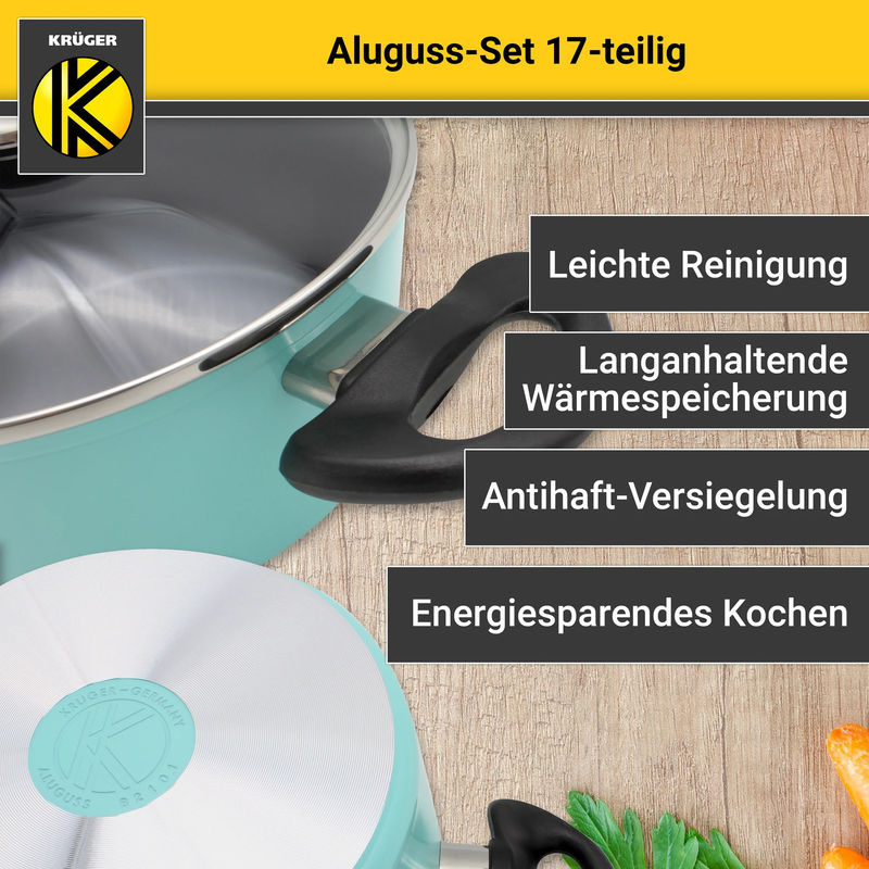 Karl Krüger Aluguss-Topfset 17-teilig mit Antihaftbeschichtung in Grün und Türkis - Bild 2