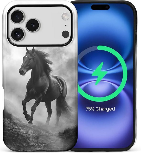 Mairuige Handyhülle Black Horse Running Misty Mountains Hybrid Dual-Layer Hard Shell stoßfest in Schwarz und Gold für iPhone 17 16 15 14 13 12 Pro Max Plus - Bild 1