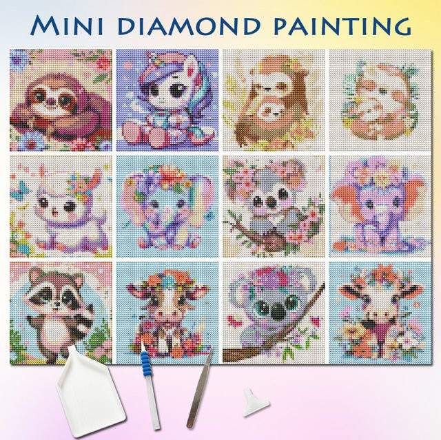 Evershine DIY 12 Stück Mini-Diamantgemälde Set mit Tier-Motiven wie Koala, Elefant und Waschbär, rund, mehrfarbig - Bild 1