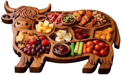 Guannuotong Highland Kuh Holz Charcuterie Brett, Rustikale Servierplatte in Form einer Kuh für Käse, Fleisch und Snacks, Braun - Bild 1