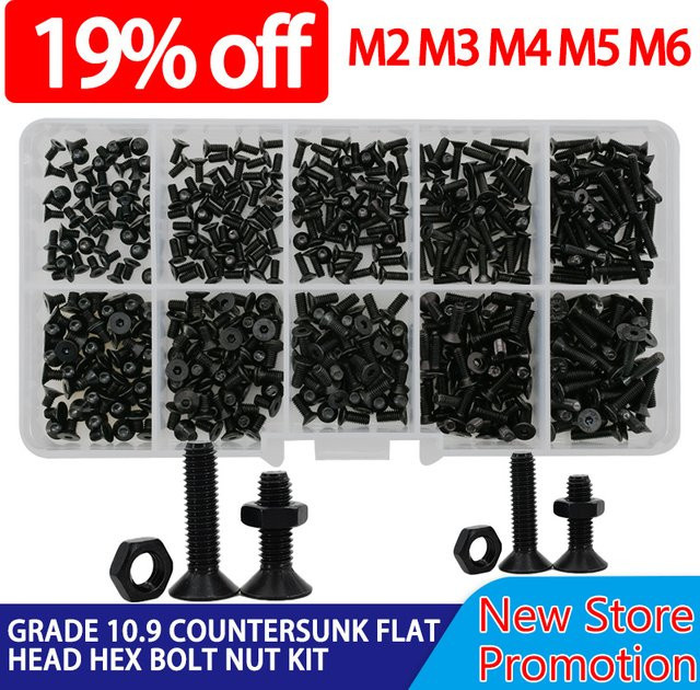 SAM ZHIHUI Senkkopfschrauben-Set aus schwarzem Kohlenstoffstahl, Güteklasse 10.9, Innensechskantschrauben mit Muttern, DIN7991, M2 M3 M4 M5 M6 - Bild 1