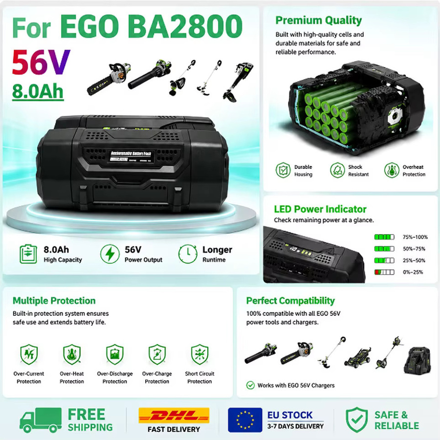 EGO Ersatz-Lithium-Akku 56V 8,0Ah in Schwarz für EGO Elektrowerkzeuge passend für BA2800, BA2800T, BA4200, BA4200T, BA1400 und BA5600T - Bild 2