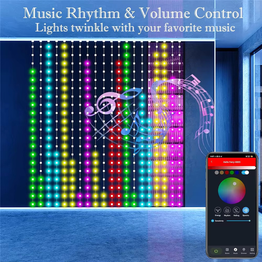 Intelligente RGB LED Vorhangleuchten mit Musikfunktion, App-Steuerung und Fernbedienung, Multicolour Partylichter für Hochzeit, Geburtstag und Valentinstag - Bild 3