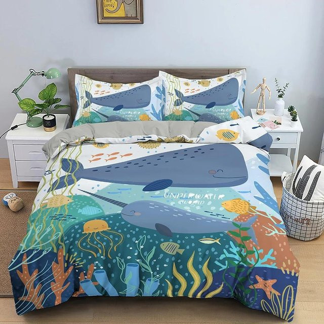 Bettwäsche Set Unterwasser Welt mit Meer Tieren von Binchi Outdoor Product in Grau und Blau, bestehend aus 1 Bettbezug und 1 Kissenbezug, Breite: 70 cm, Länge: 133 cm - Bild 1