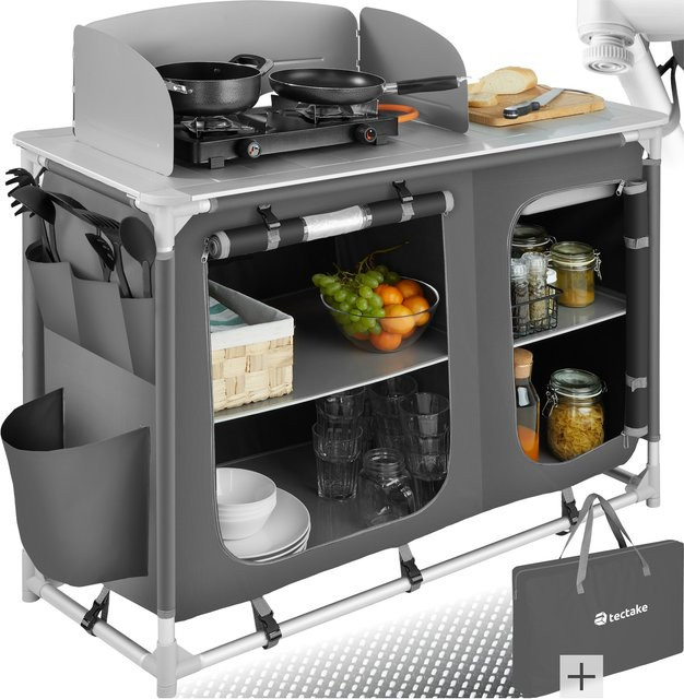 tectake Campingküche Luxus in Grau mit Aluminiumgestell, Spülbecken und Windschutz, faltbar, B/T/H: 116 x 52 x 107 cm - Bild 1