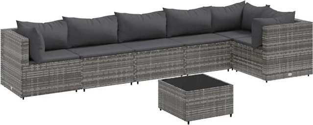vidaXL 7-teiliges Garten-Lounge-Set in Grau aus Poly-Rattan mit Kissen und Couchtisch - Bild 1