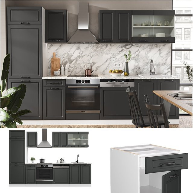 Vicco R-Line Küchenzeile Landhaus Weiß Anthrazit Breite: 300 cm - Bild 1