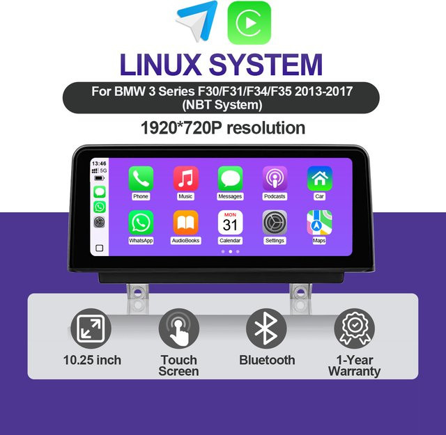 HIOUME Kabelloses CarPlay Auto-Multimedia-Radio für BMW 3er und 4er Serie F30 F31 F32 F33 F34 F35 F36 (2013-2017) mit 10,25 Zoll Touchscreen, Linux-System, GPS-Navigation, Android Auto und Bluetooth in Schwarz - Bild 1