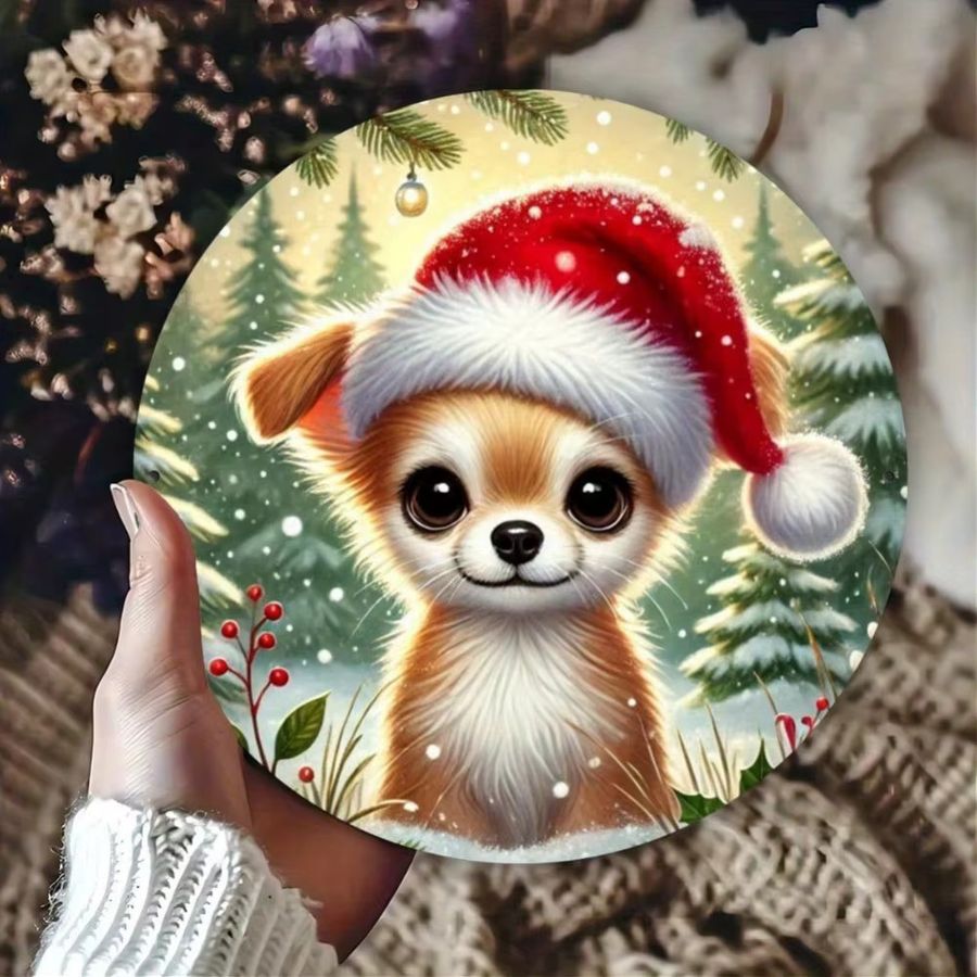 HELLOYOUNG Weihnachts-Chihuahua-Hundeschild aus Metall, runde Wanddekoration in Mehrfarbig, Durchmesser: 19,81 cm - Bild 3