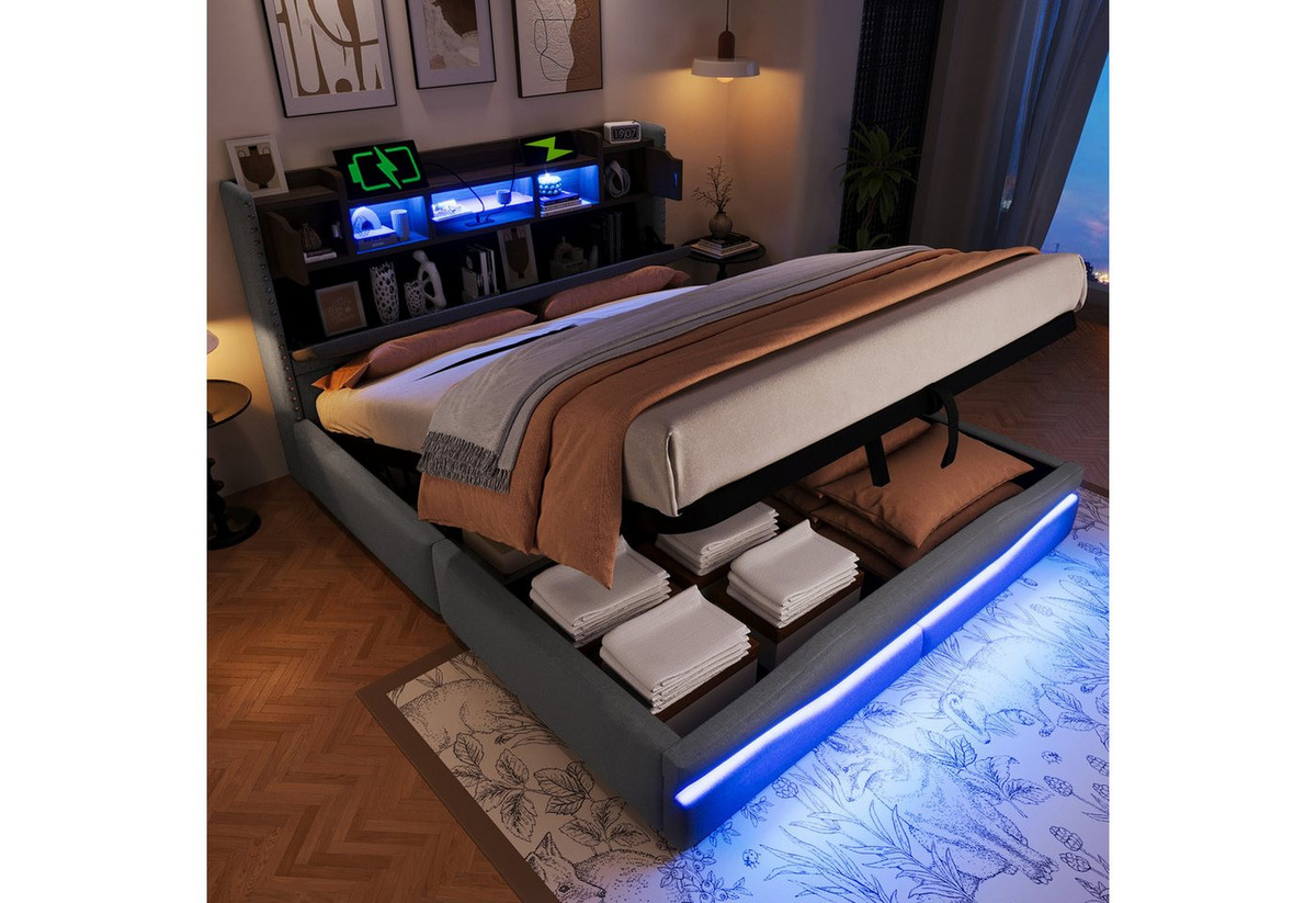 Flieks Polsterbett Doppelbett mit hydraulischem Stauraum, LED-Beleuchtung und Ladefunktion, B/T/H: 160 x 200 cm - Bild 1