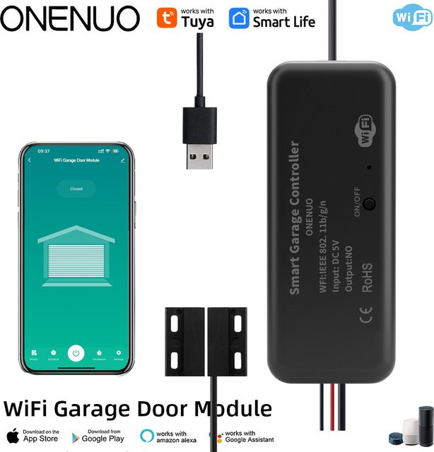 Onenuo Tuya WiFi Smart Garagentor Öffner Controller mit Alexa und Google Home Unterstützung, Smart Life kompatibel, Farben: Weiß oder Schwarz - Bild 1