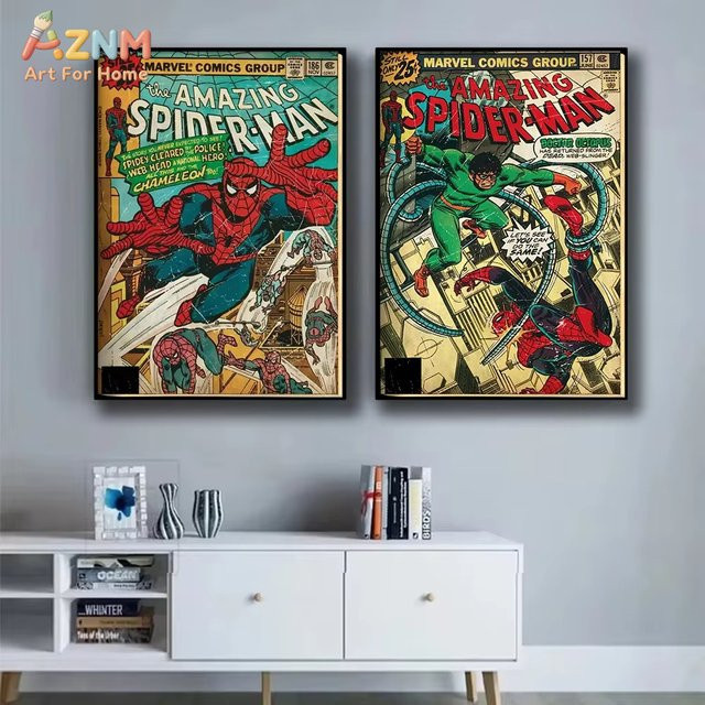 Marvel Spider-Man Retro Kunstposter als dekorative Wanddekoration im Anime-Stil, mehrfarbig - Bild 1