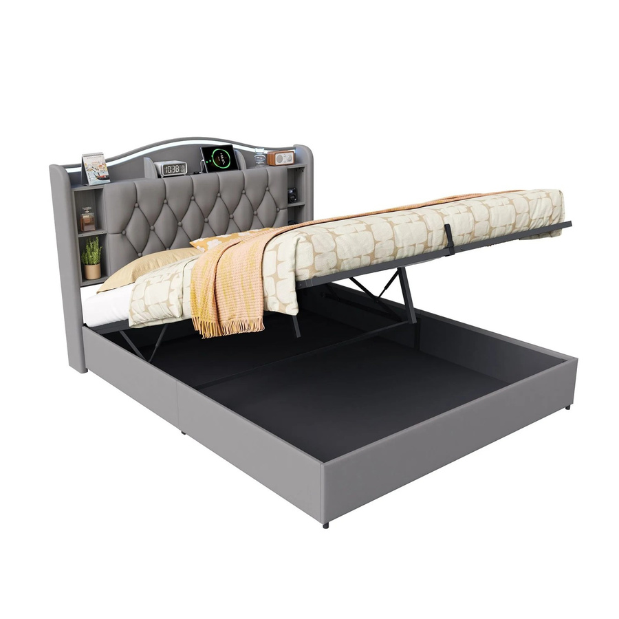 PXloue Doppelbett für Jugendliche in Grau mit Samtstoff, Stauraum, LED-Beleuchtung, USB-Ladestation und integrierter Leselampe, B/T/H: 140 x 200 x 110 cm - Bild 2
