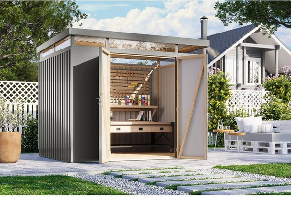 Karibu Metallgerätehaus Argos 3 aus Trapezblech in Graualuminium