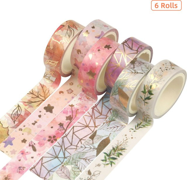 Aibecy Washi Tape Set mit floralem Goldfolien-Design, 6 Rollen, Mehrfarbig, Breite: 15 mm - Bild 1