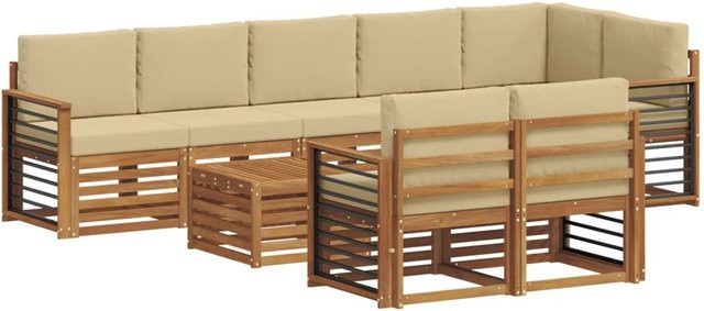 vidaXL Sofagarnitur aus 9 Teilen aus Massivholz Akazie in Natur und Beige mit Polsterkissen und modernem Latten-Design - Bild 1