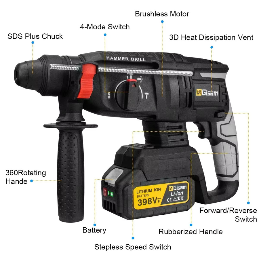 G nto kabelloser bürstenloser elektrischer Bohrhammer für Makita 18 V Akkus, multifunktionales Akku-Schraubwerkzeug, Schwarz - Bild 2